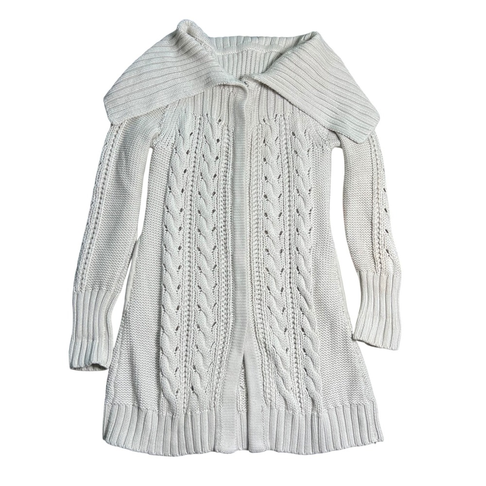 Elie Tahari Cable Knit Longline Cardigan Sweater Portrait‎ Collar Wool Blend